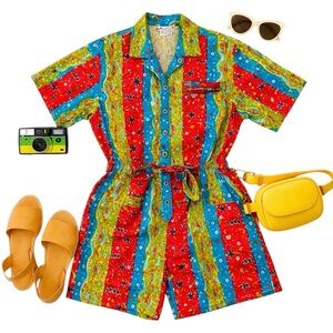 Dreams Vintage 80s Neon Abstract Cotton Romper NWT Small Rare Retro Playsuit NOS